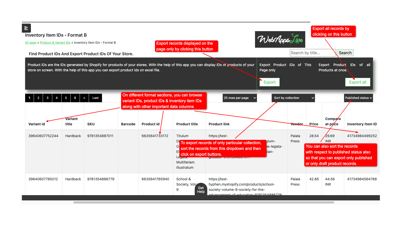 export product, variant, inventory item IDs