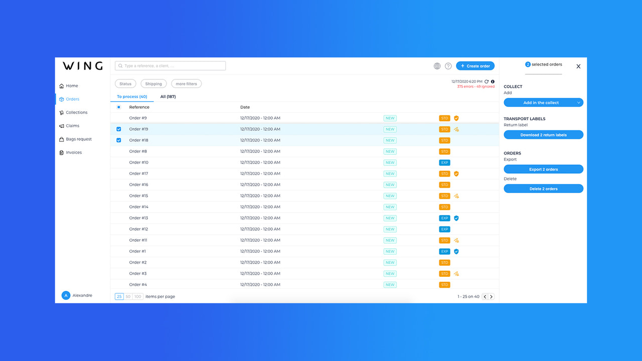 Wing Plattform - Verwalten Sie Ihre Bestellungen