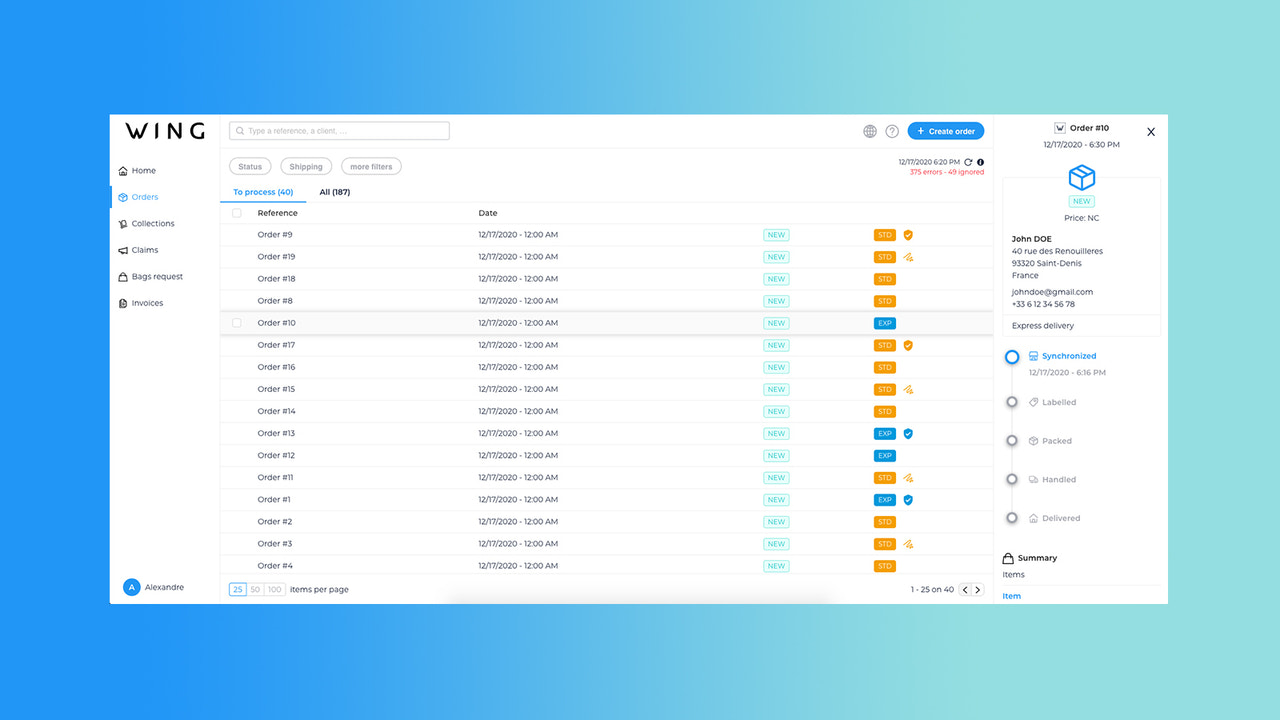 Wing Plattform - Verwalten Sie Ihre Bestellungen