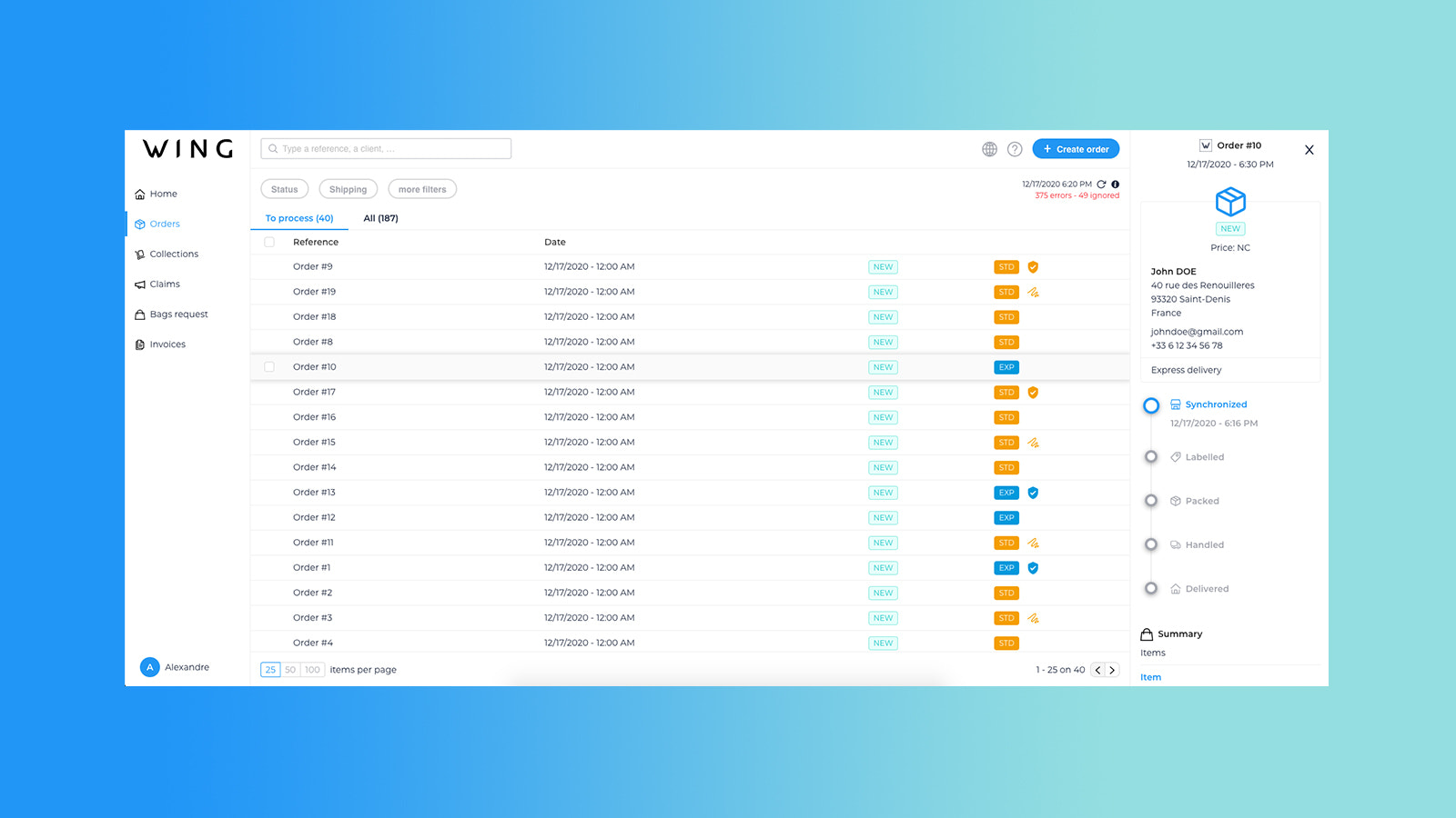 Plataforma Wing - Gestiona tus pedidos