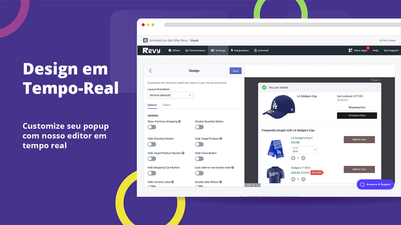 Design seu popup Upsell em tempo real com nosso editor