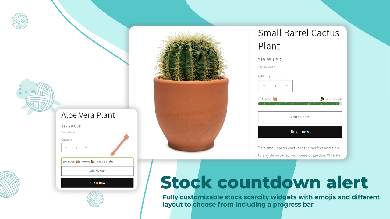 El widget de escasez de stock vendido es totalmente personalizable con progreso