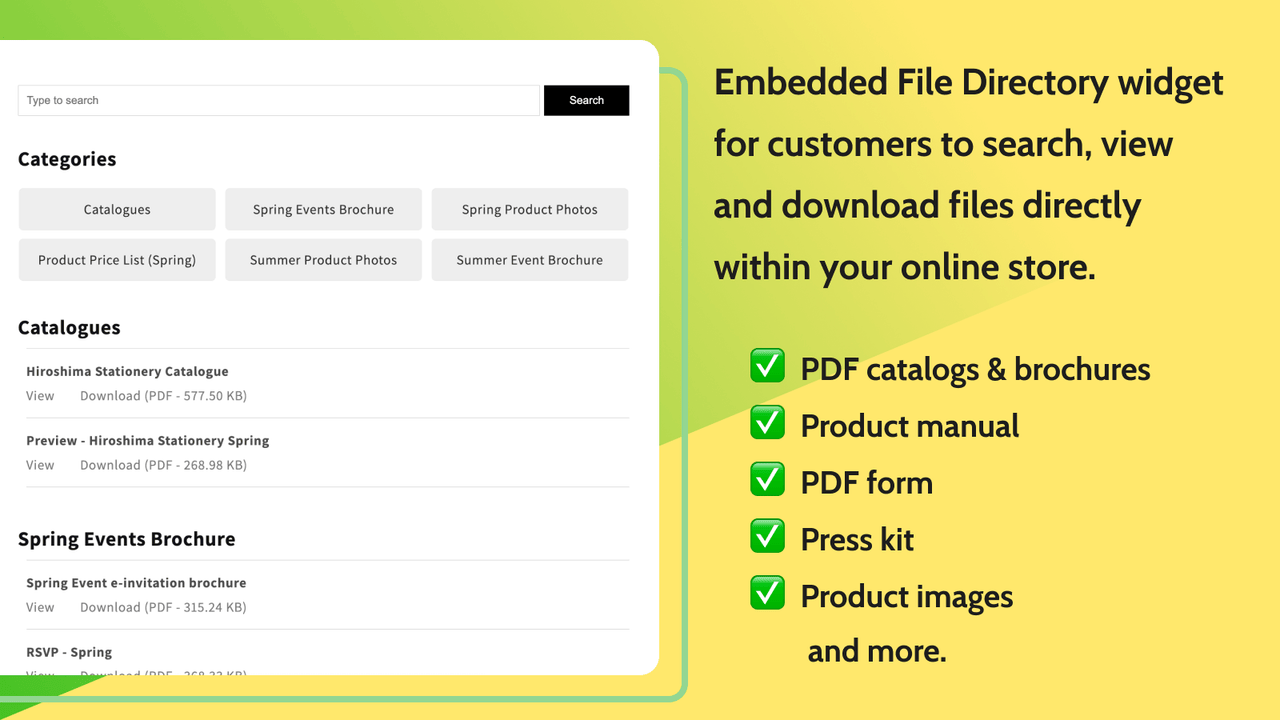 Embed File Search box Shopify with document and file directory