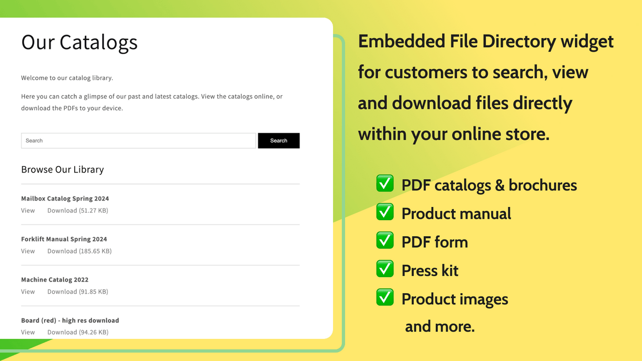 Embed File Directory Shopify with document and file search bar