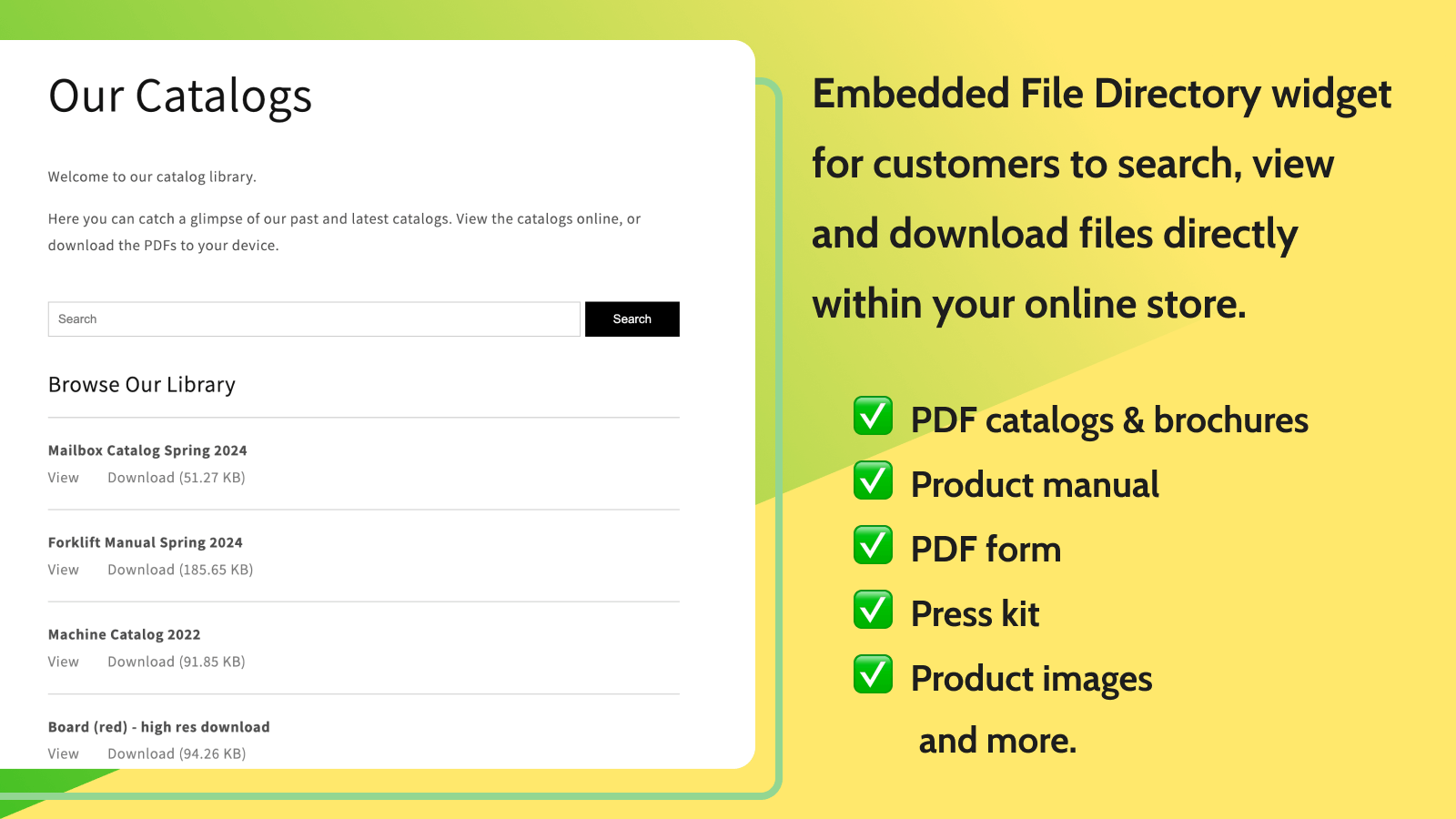 Embed File Directory Shopify with document and file search bar