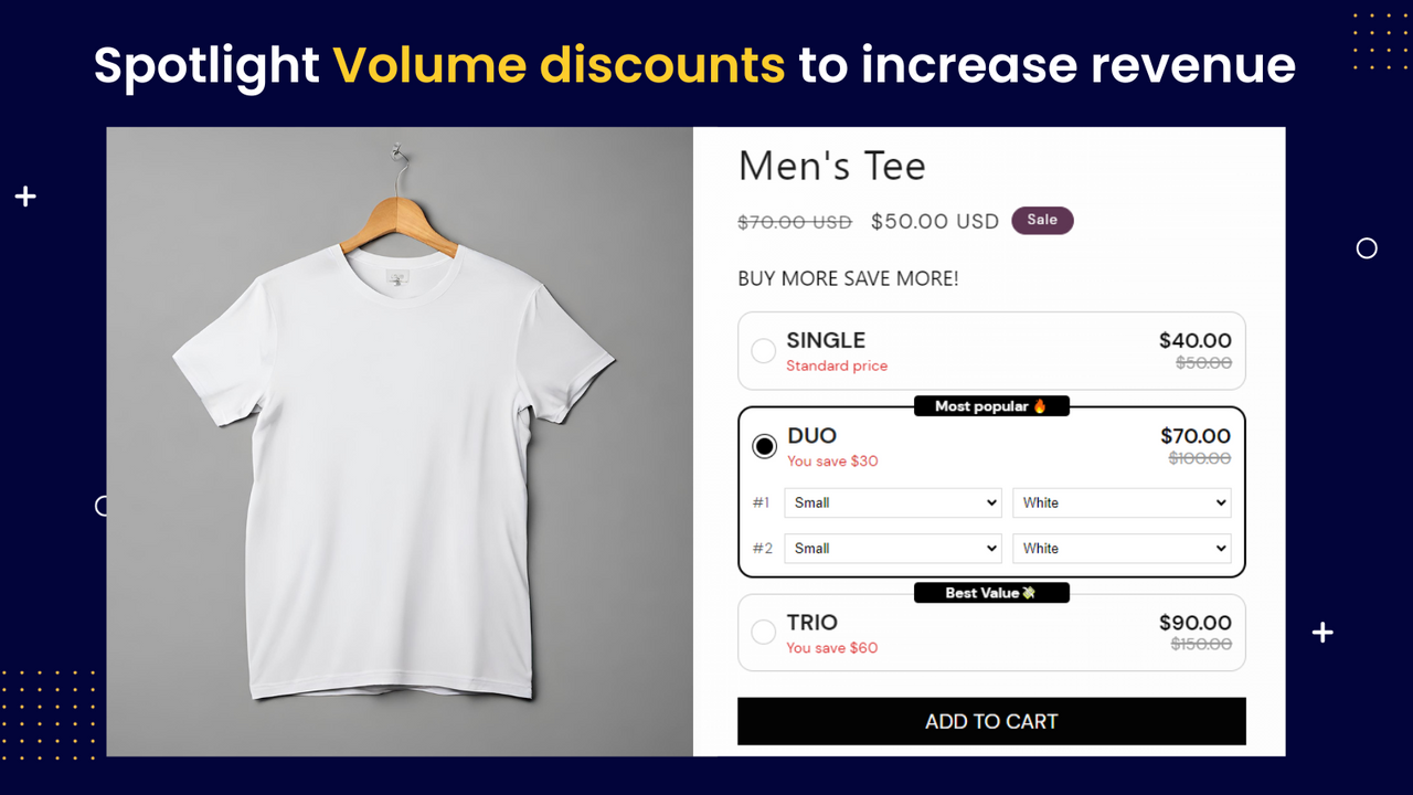 volume discount, quantity breaks, upsell, buy one get one