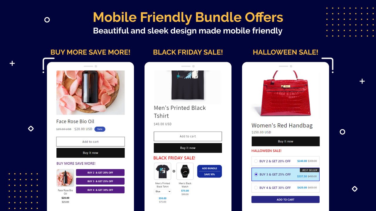 mobile friendly BOGO offers, volume discount, bundle products