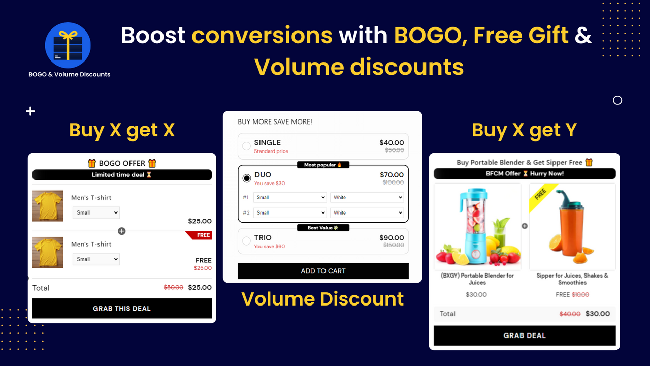 BOGO, descuento por volumen, regalo gratis, compra x obtén y, combo, paquetes