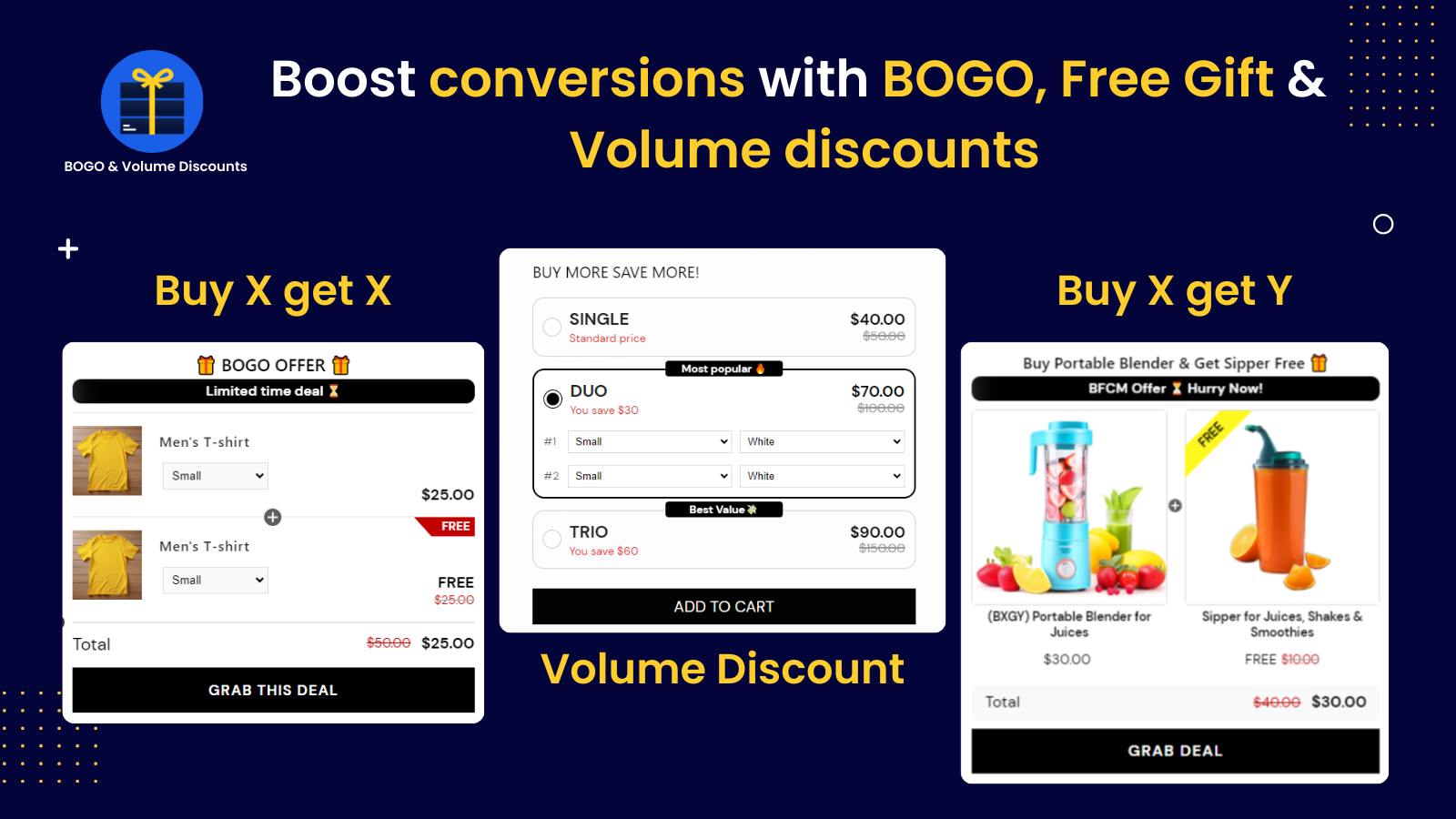 BOGO, volume discount, free gift, buy x get y, combo, bundles