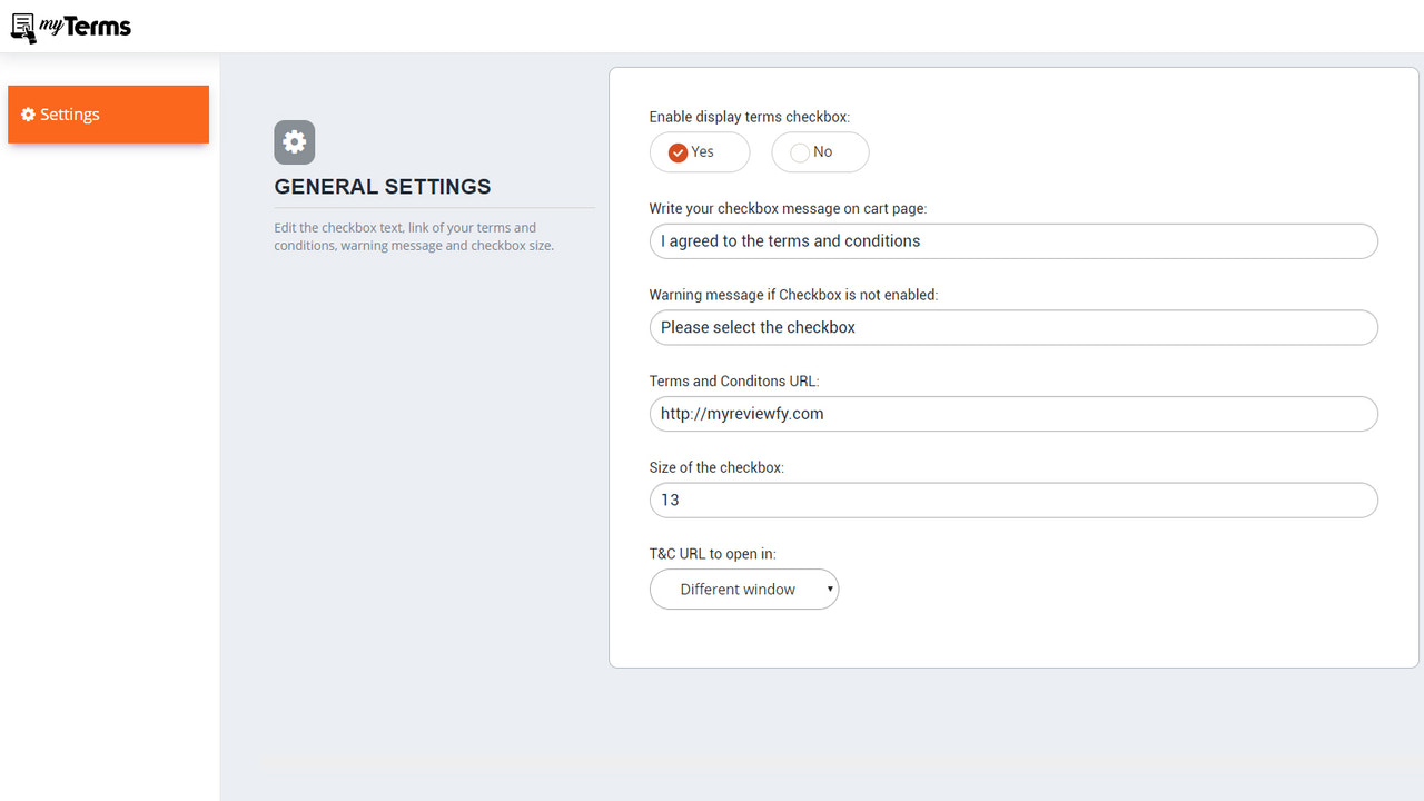 ShopTerms - configurações de layout da caixa de seleção de termos e condições