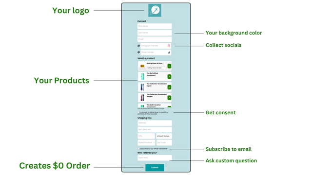 Influencer Gift Form con muchas personalizaciones