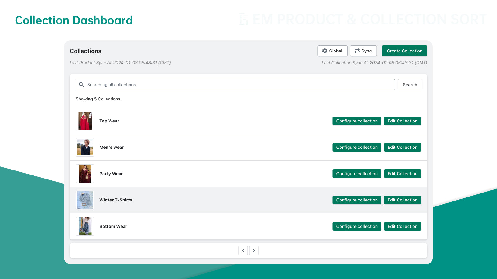 EM Product & Collection Sort Screenshot