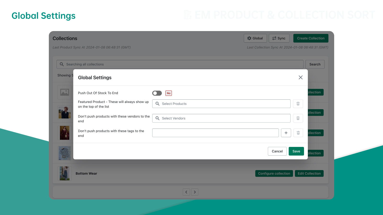 EM Product & Collection Sort Screenshot