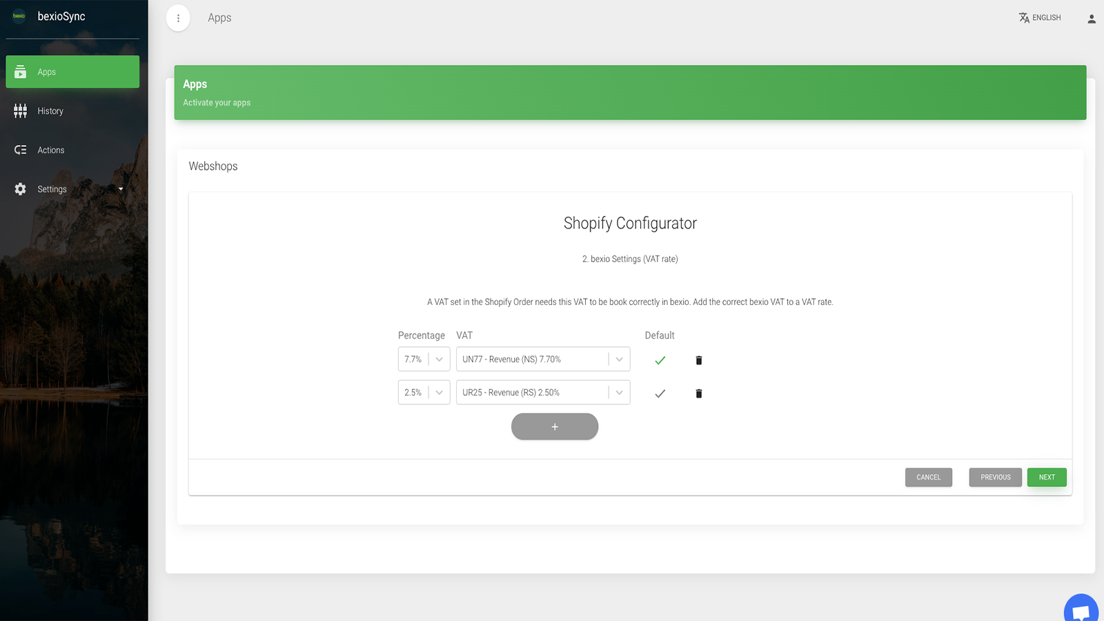 Options de TVA du configurateur de synchronisation