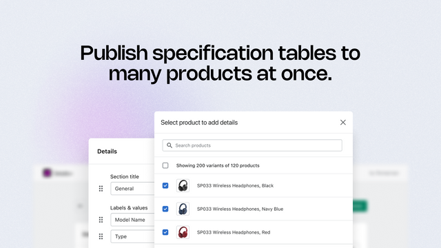 Publique tabelas de especificações em muitos produtos de uma vez.