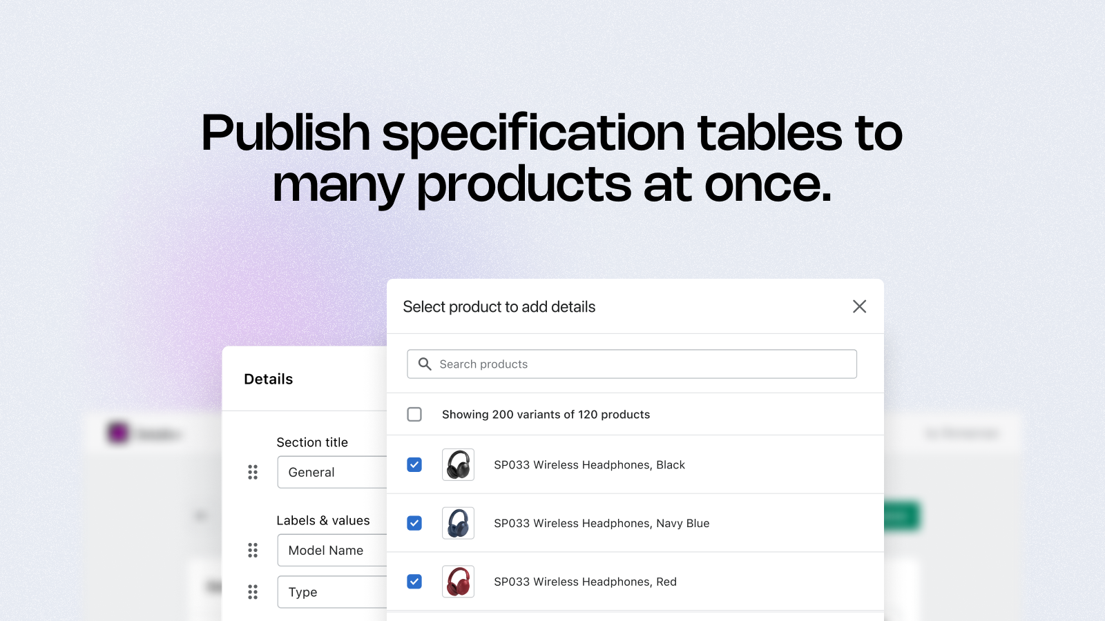 Publica tablas de especificaciones a muchos productos a la vez.
