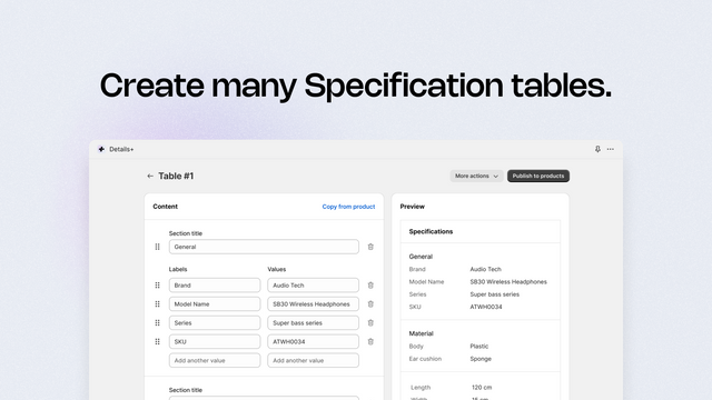 Crie várias tabelas de especificações.