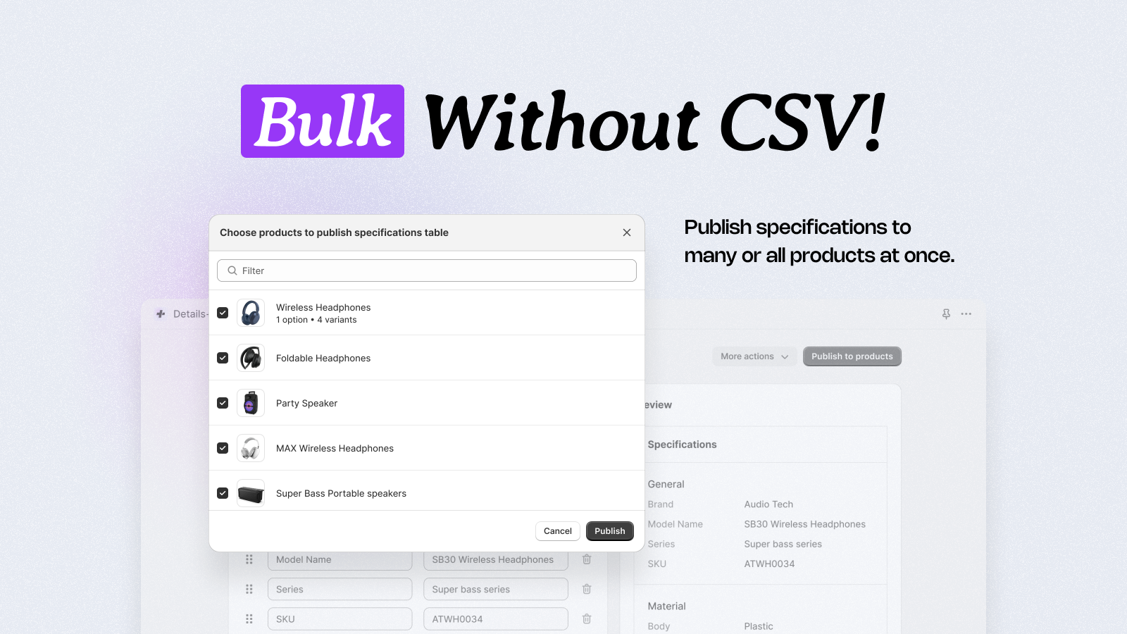 Bulk add product specifications in Shopify.