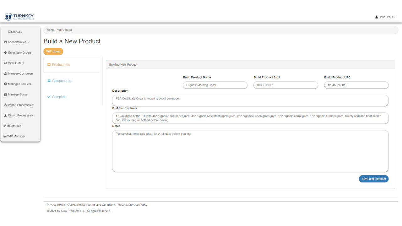 Building/Kitting/Pouring product from raw components.