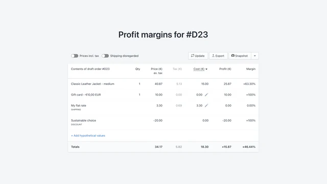 Main app screen showing the profit margins table for an order