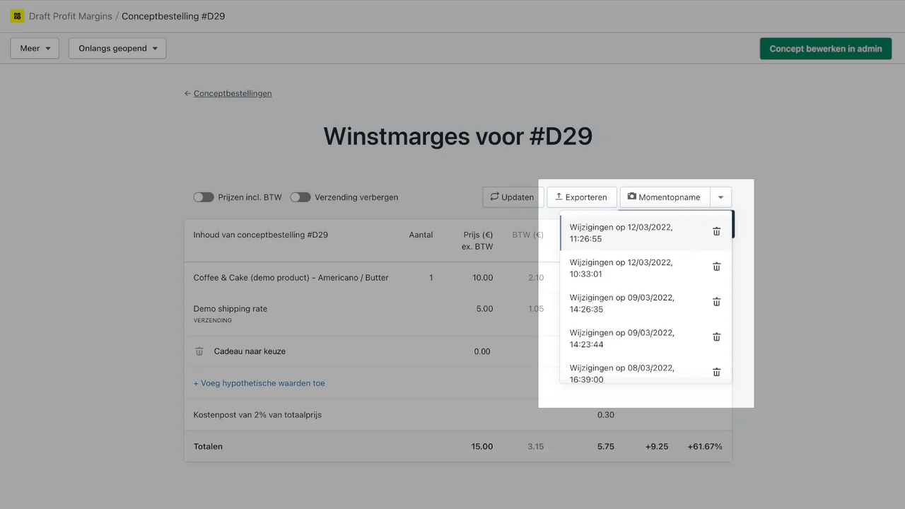 Wijzigingen in de winstmargetabel opslaan en herstellen