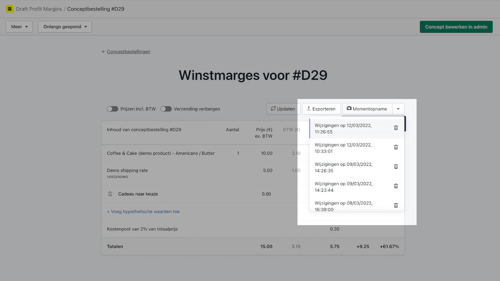 Wijzigingen in de winstmargetabel opslaan en herstellen