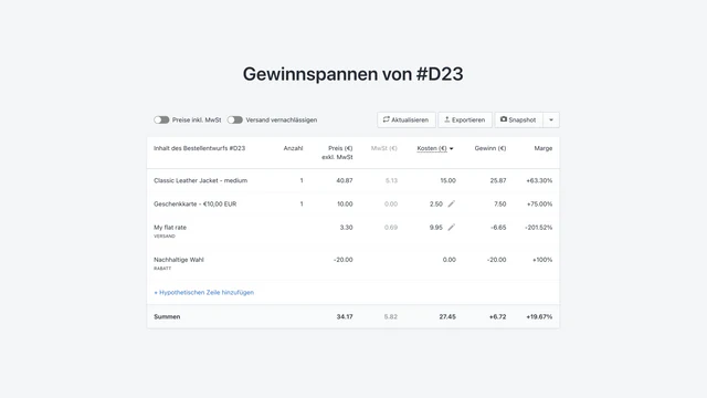 Hauptbildschirm der App mit der Gewinnspannentabelle