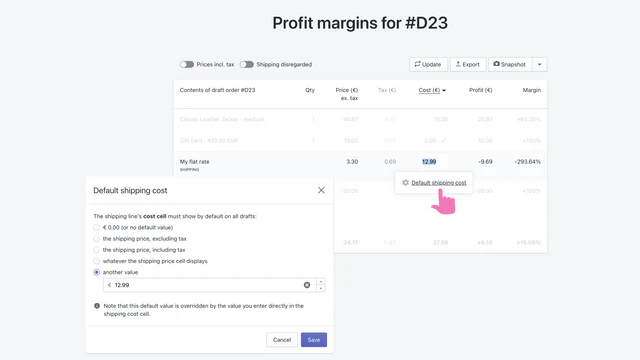 Calculate profit margins based on custom shipping cost