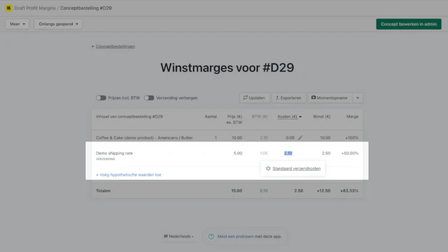 Verzendkosten instellen om order winstmarge bestelling te zien 