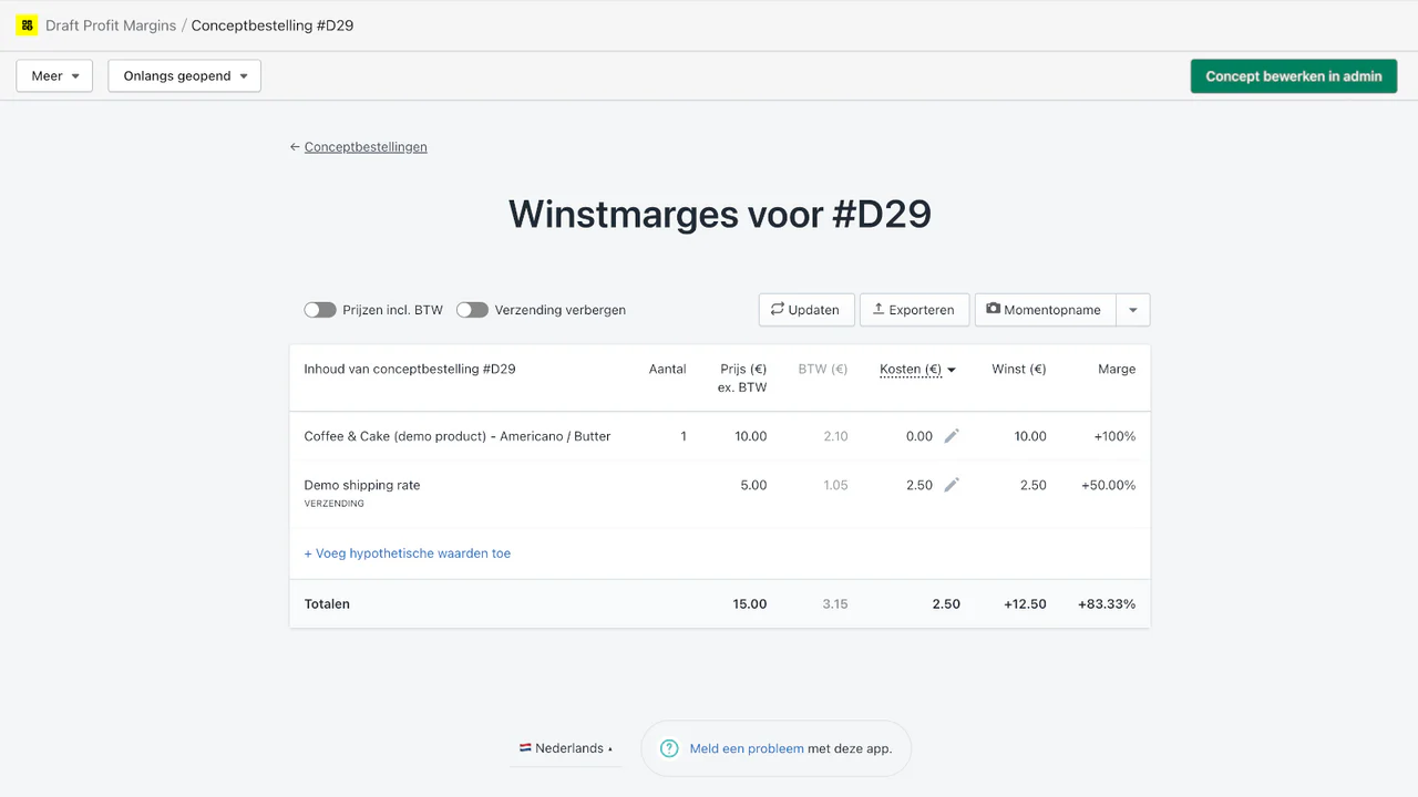 App hoofdscherm: winstmarges voor de order en per product