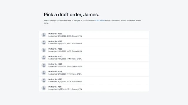 Picking a draft order to calculate profit margins for in Shopify