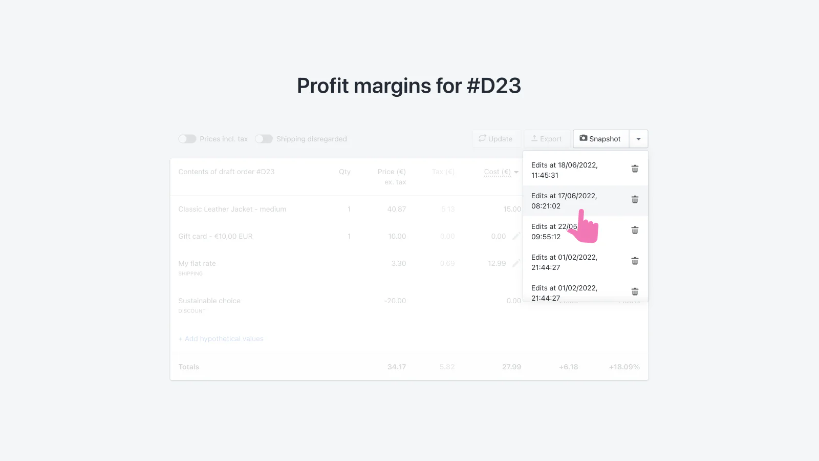 Storing and restoring changes to the profit margins table