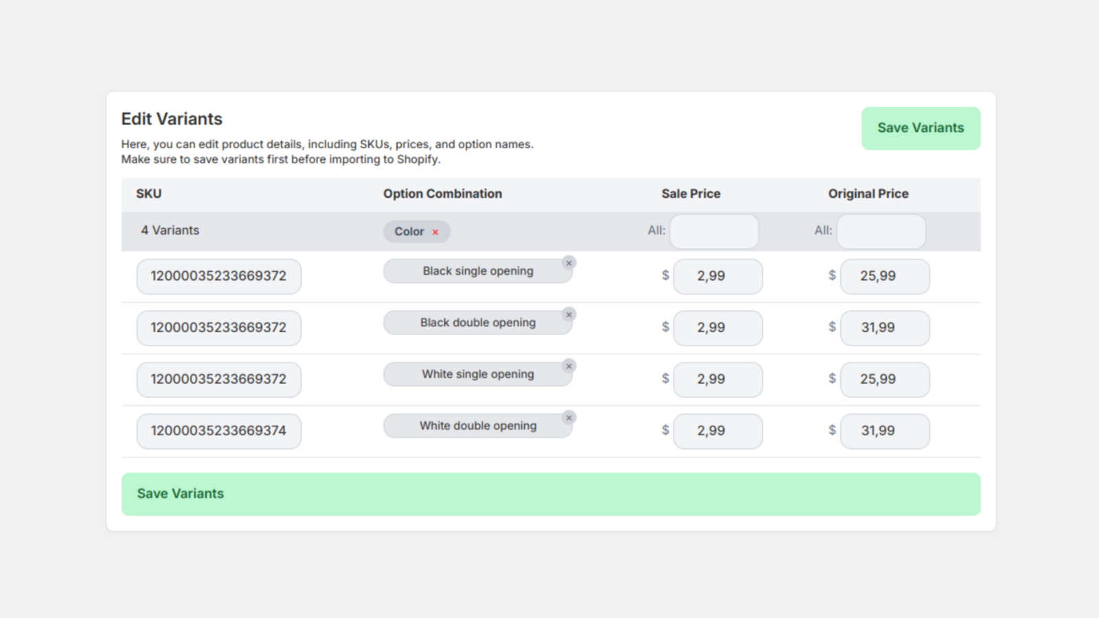 Edit Options and Variant