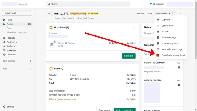 Send Order to your Unity Retail Account