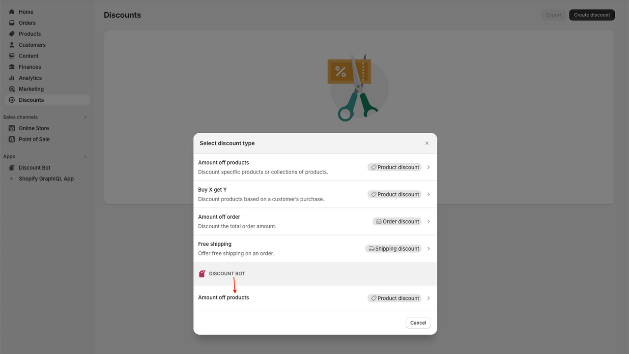 Sélectionnez le type de réduction Discount Bot