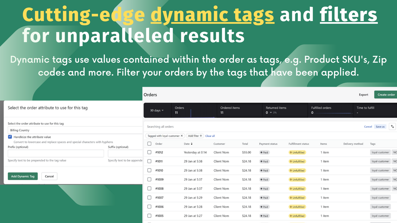 étiquettes dynamiques de commandes et de clients et filtres