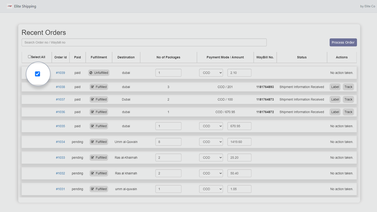 Choose available orders to process.