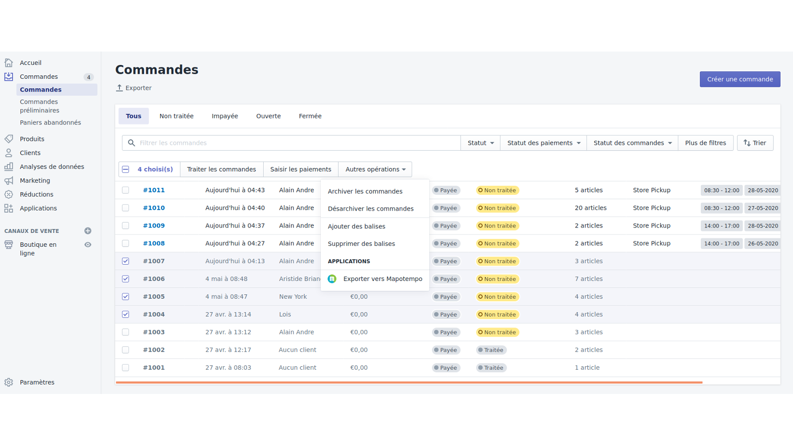 Sélectionnez les commandes à exporter