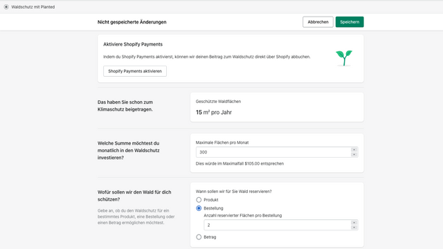 Einstellung mit nicht-aktivierter Zahlung und Änderungen