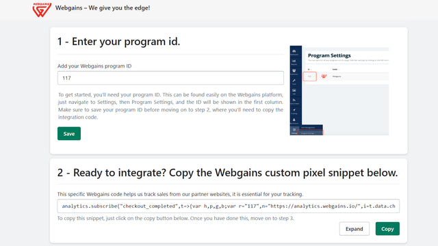 Instalación de la aplicación de una sola página de Webgains 