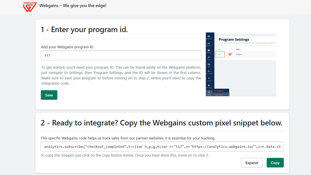 Instalação do aplicativo de página única Webgains 
