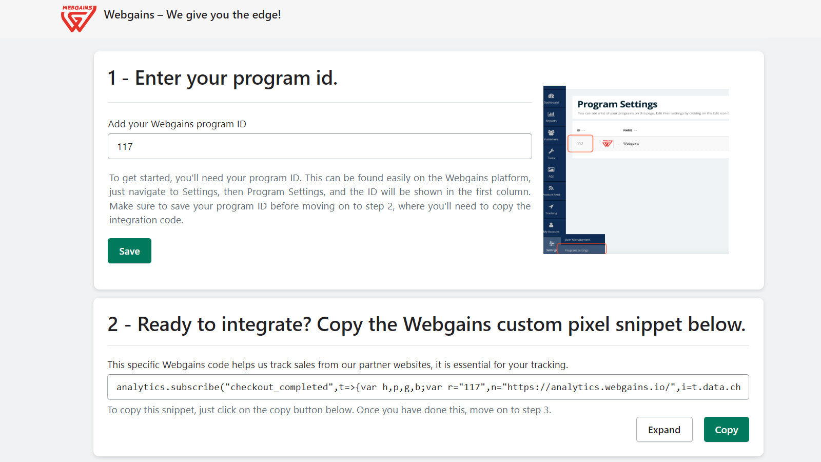 Webgains enkelt side app install 