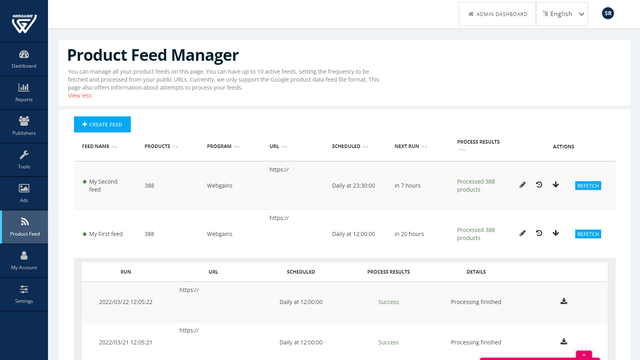 Característica de feeds de productos de anunciantes de Webgains