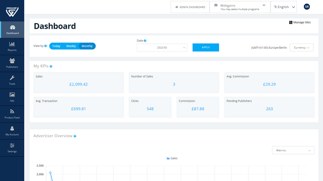 Painel da plataforma de anunciantes Webgains