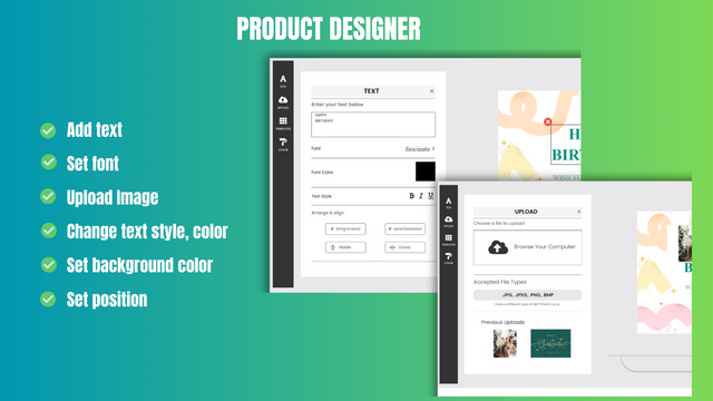Web to print product designer for Shopify