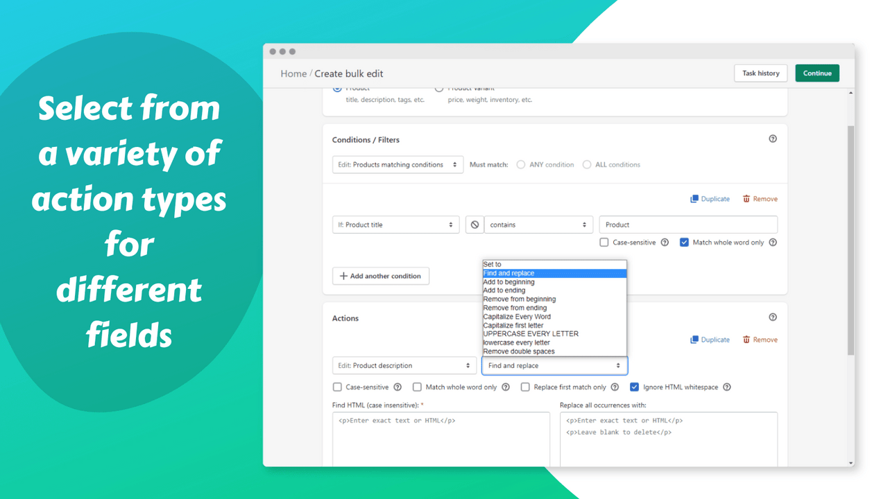 Sélectionnez parmi une variété de types d'action pour différents champs