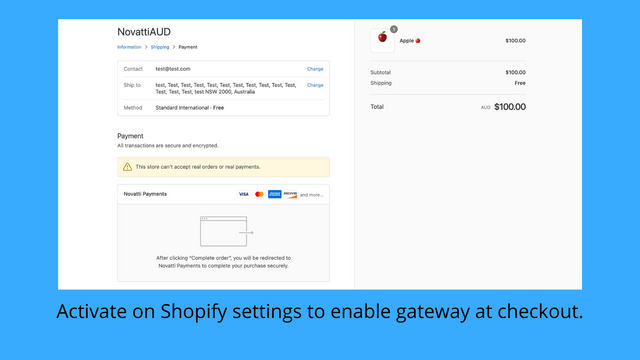 Ative nas configurações do Shopify para habilitar o gateway no checkout.