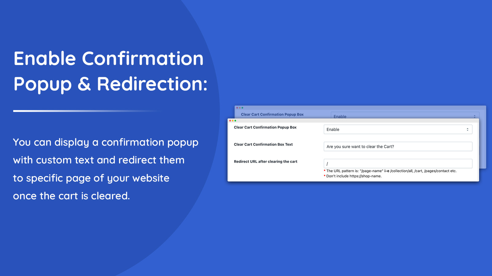 Show confirmation popup and add redirects