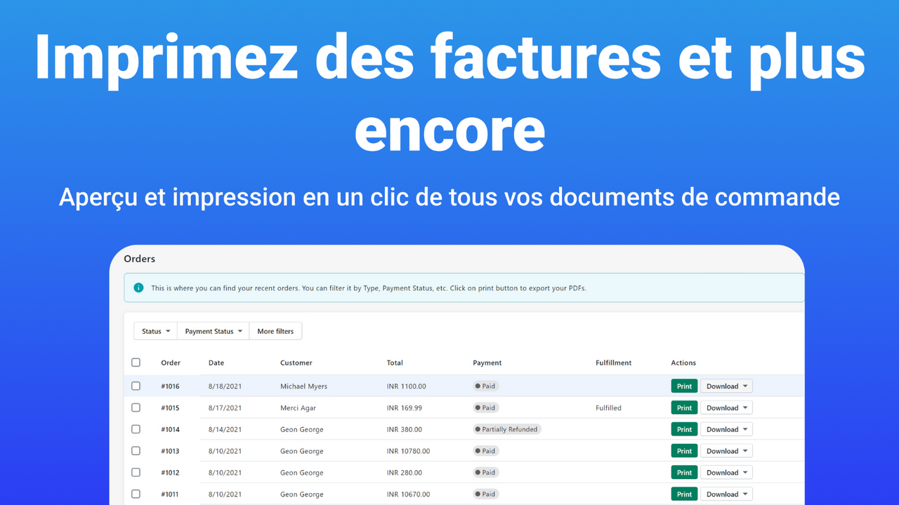 Visualisez toutes les commandes et imprimez en masse les facture