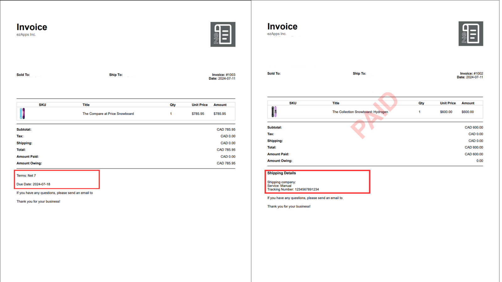 Highlighting the shipment details and payment terms on invoice